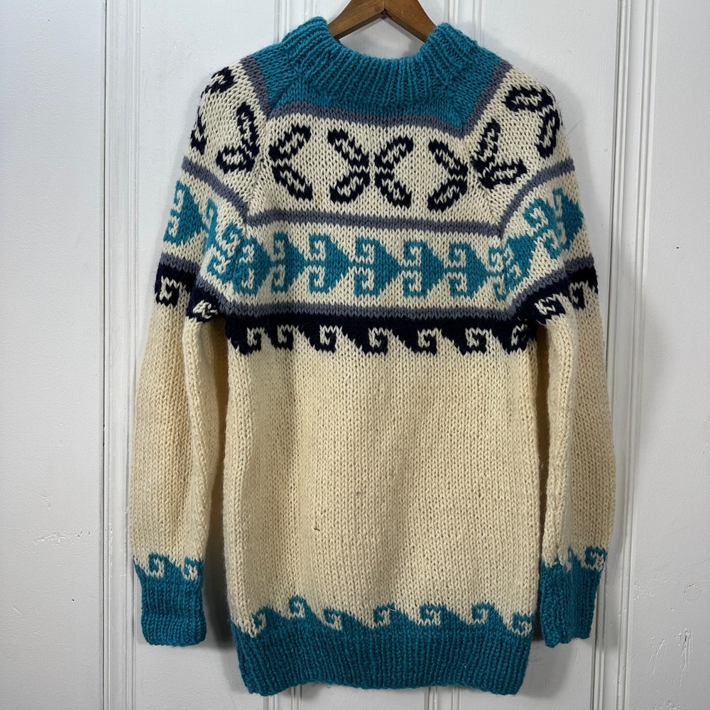 Handmade Wool Fair Isle Sweater Unisex Large Cream Teal Nordic Chunky Knit Good